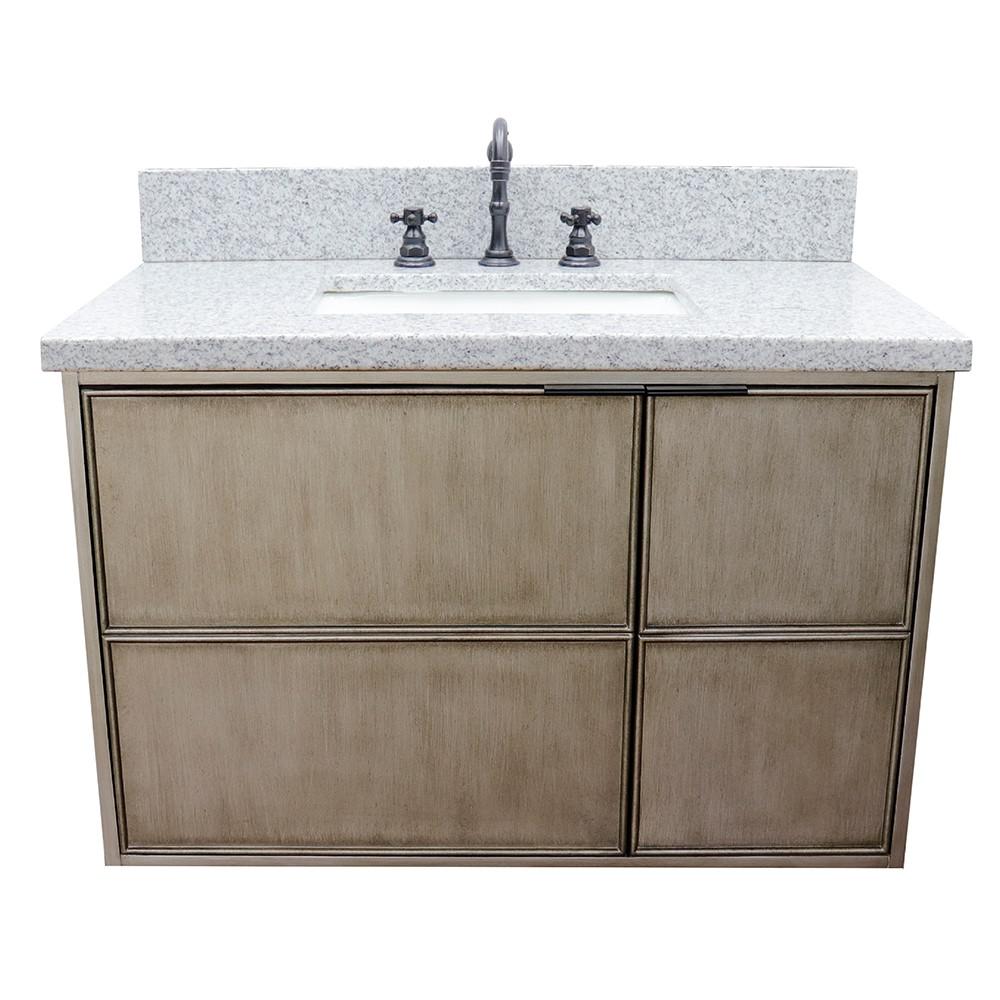Single wall mount vanity in Linen Brown with Gray granite top and rectangle sink. Picture 7