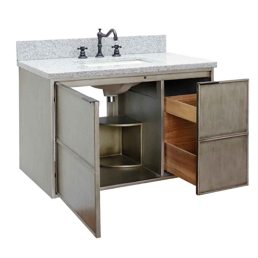 Single wall mount vanity in Linen Brown with Gray granite top and rectangle sink. Picture 9