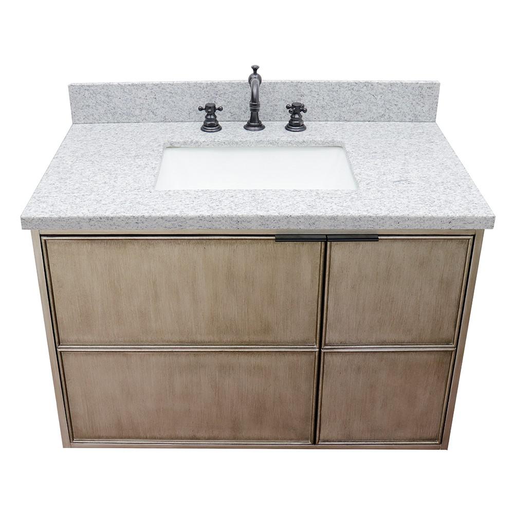 Single wall mount vanity in Linen Brown with Gray granite top and rectangle sink. Picture 11