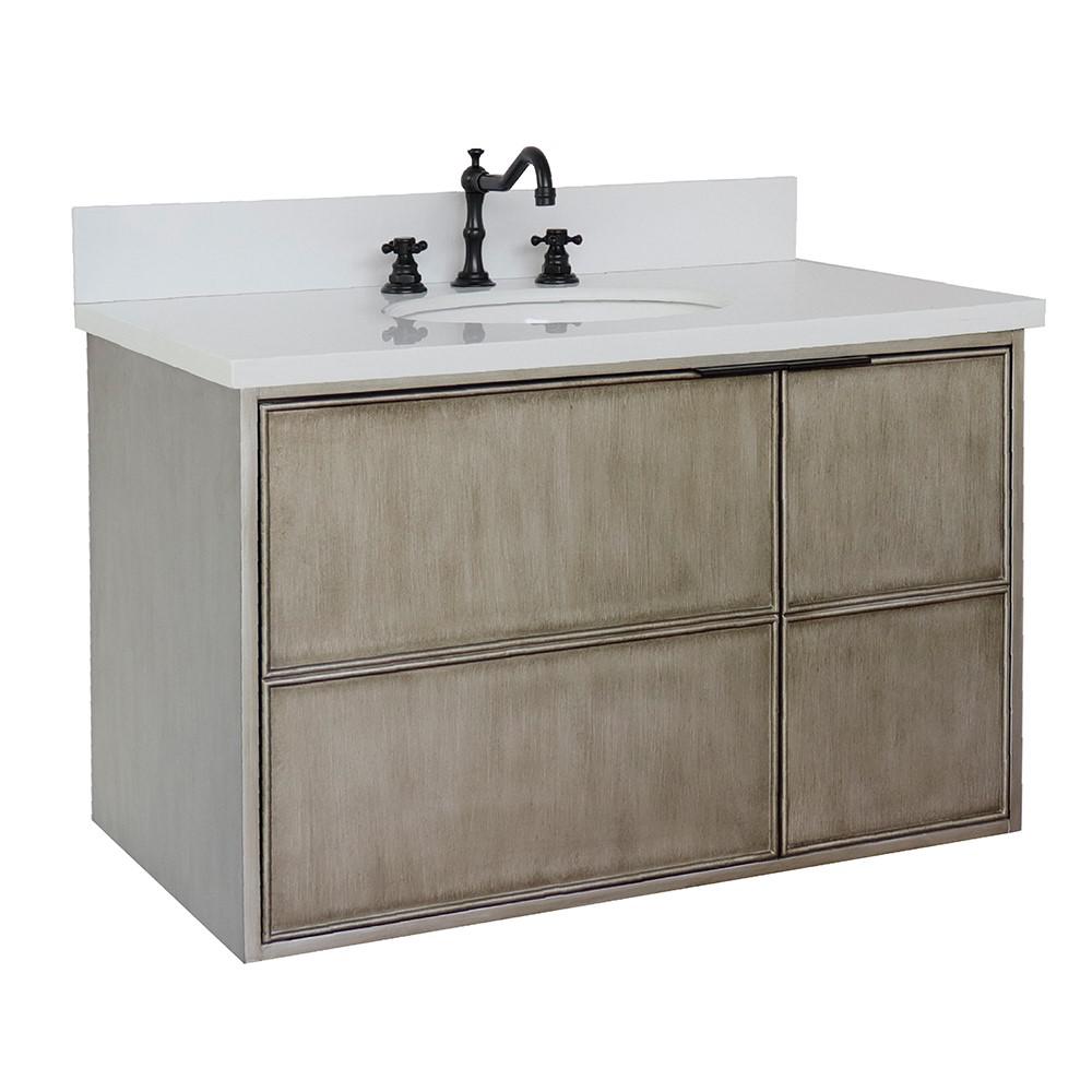 Single wall mount vanity in Linen Brown with White Quartz top and oval sink. Picture 3