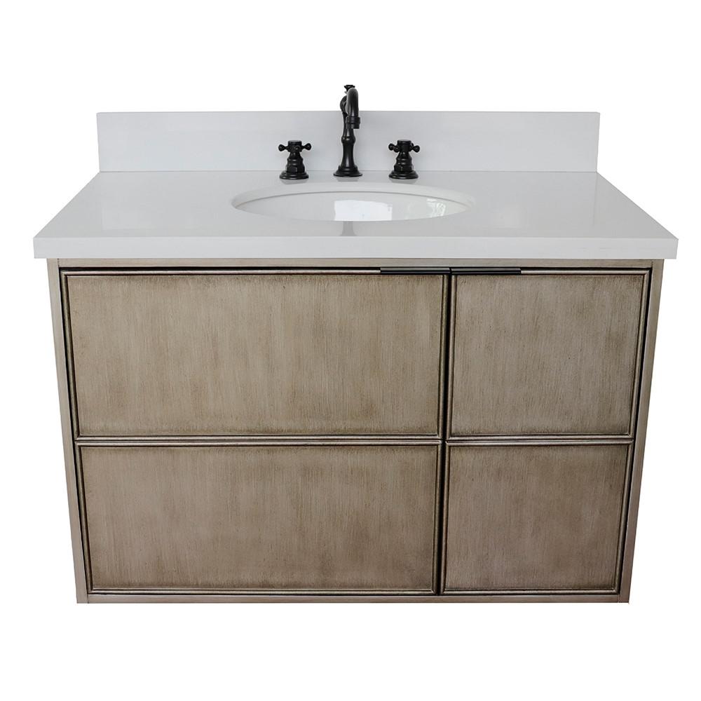 Single wall mount vanity in Linen Brown with White Quartz top and oval sink. Picture 6