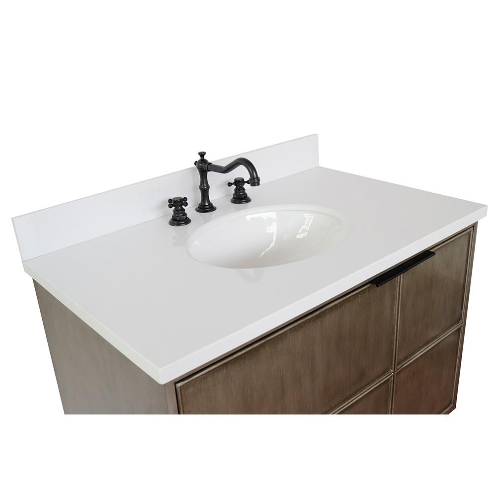 Single wall mount vanity in Linen Brown with White Quartz top and oval sink. Picture 7