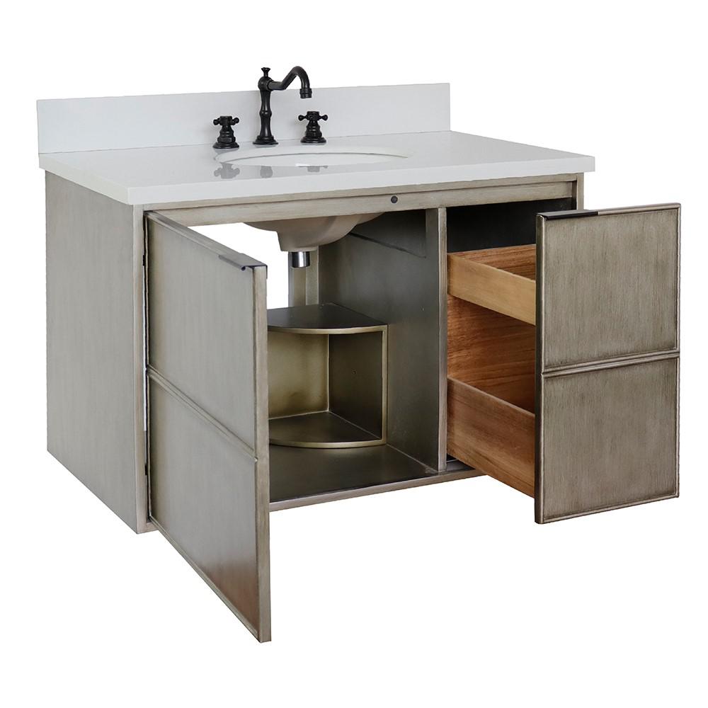 Single wall mount vanity in Linen Brown with White Quartz top and oval sink. Picture 8