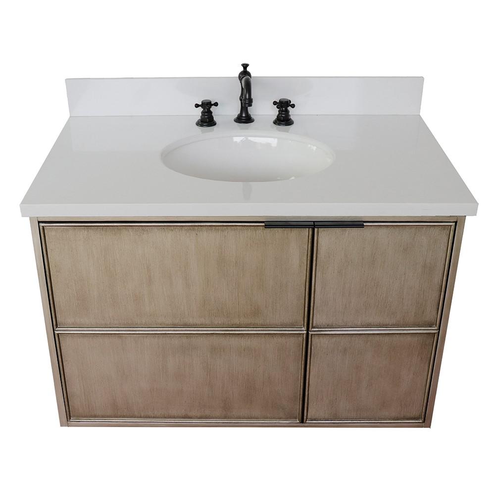 Single wall mount vanity in Linen Brown with White Quartz top and oval sink. Picture 10