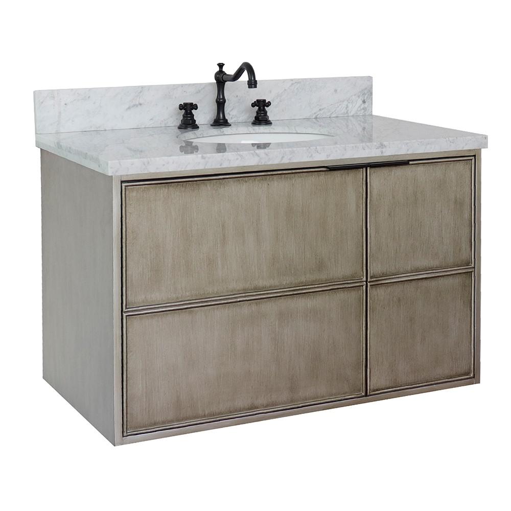 Single wall mount vanity in Linen Brown with White Carrara top and oval sink. Picture 3