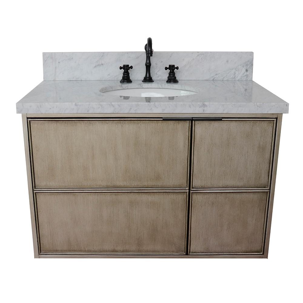 Single wall mount vanity in Linen Brown with White Carrara top and oval sink. Picture 6