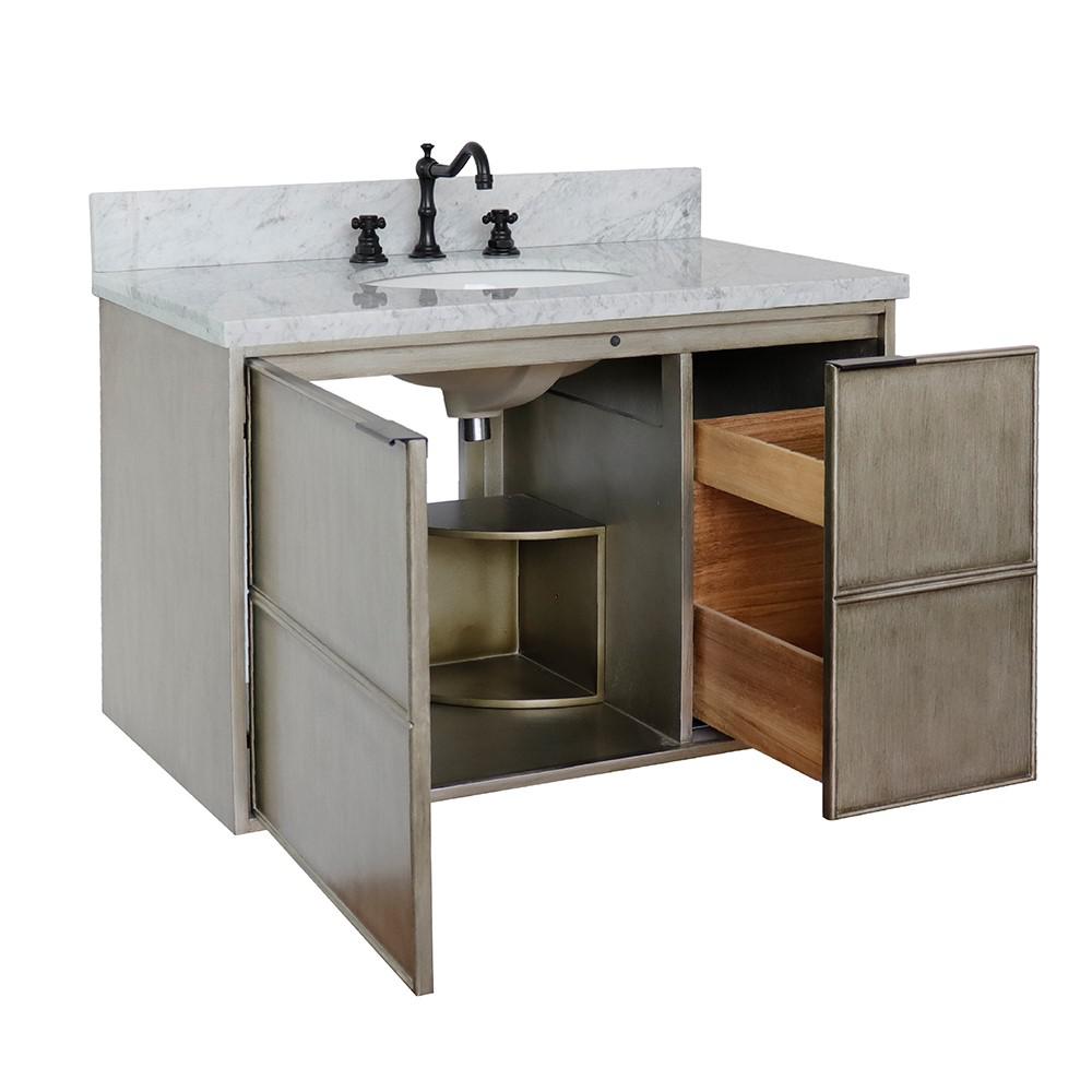 Single wall mount vanity in Linen Brown with White Carrara top and oval sink. Picture 8