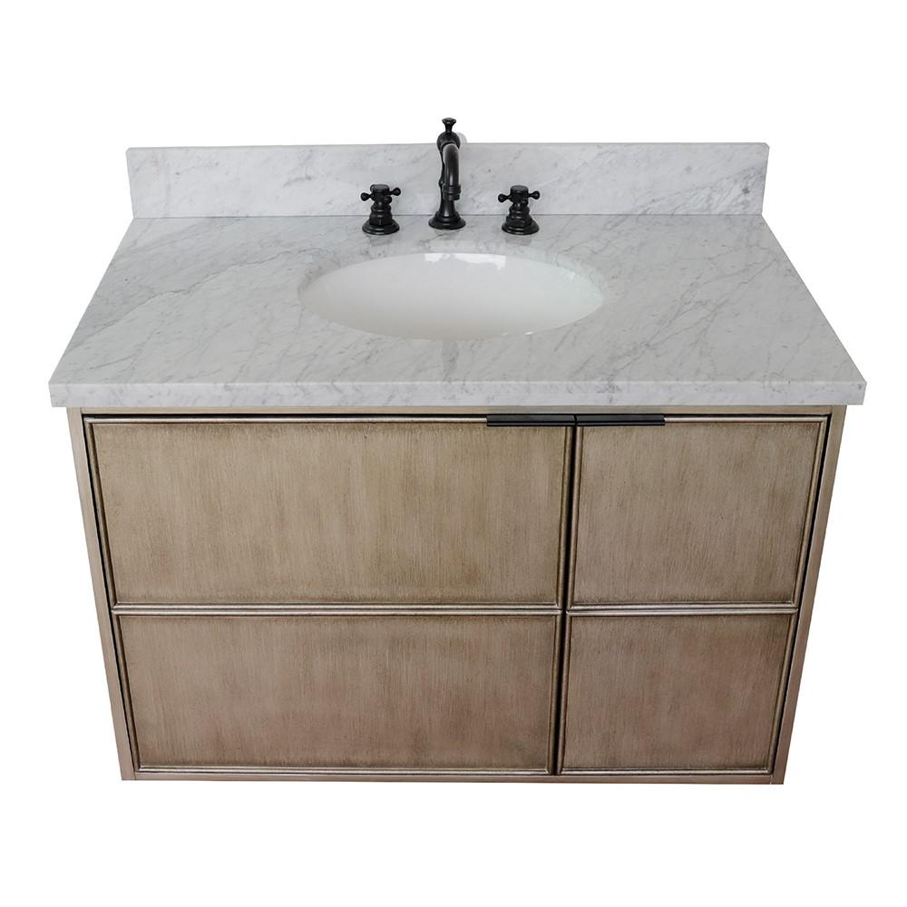 Single wall mount vanity in Linen Brown with White Carrara top and oval sink. Picture 10