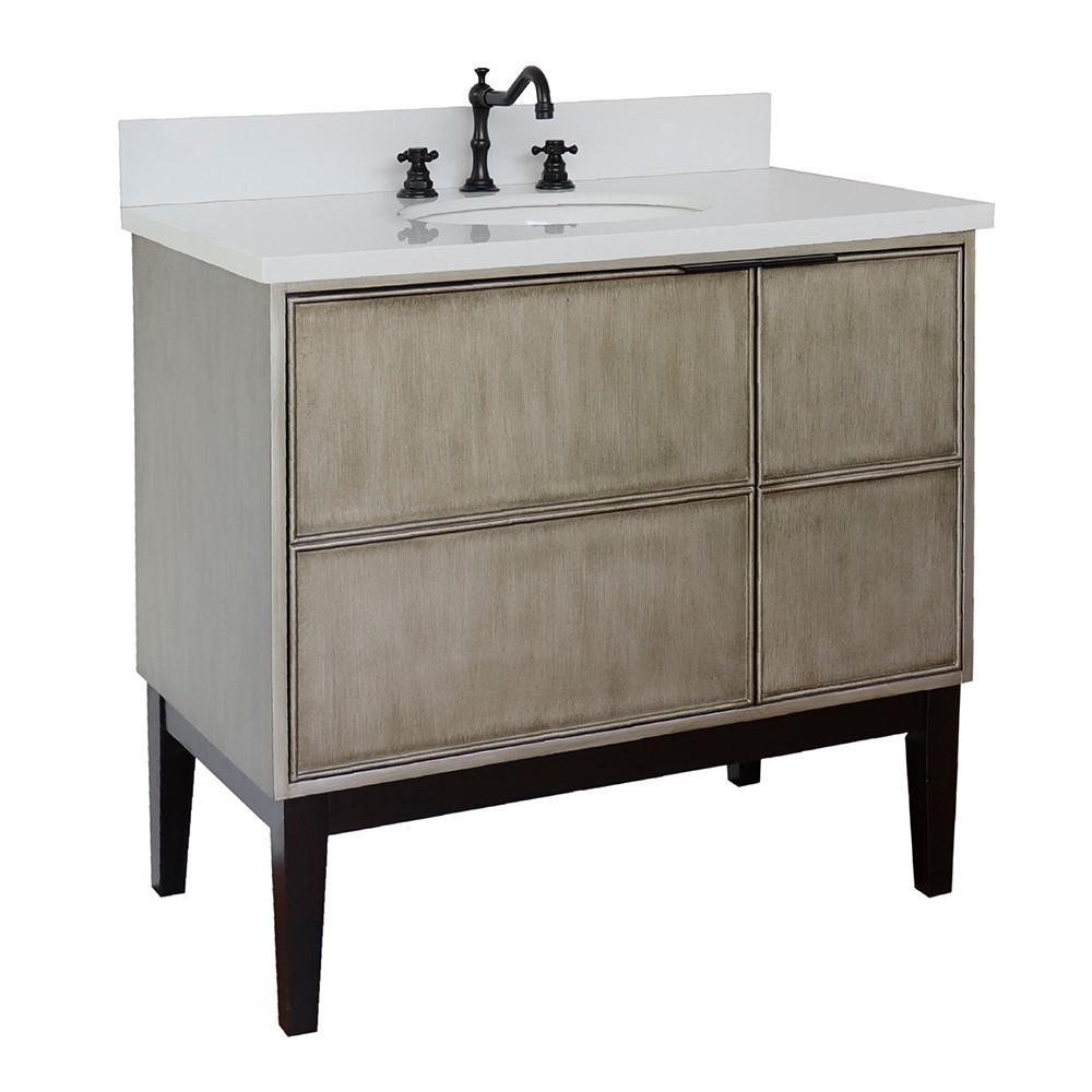 37 Single vanity in Linen Brown finish with White Quartz top and oval sink. Picture 3