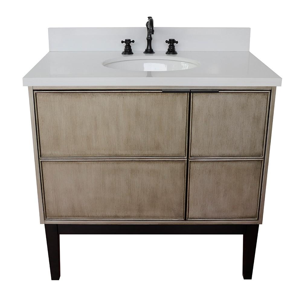 37 Single vanity in Linen Brown finish with White Quartz top and oval sink. Picture 6