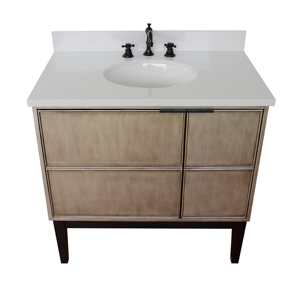 37 Single vanity in Linen Brown finish with White Quartz top and oval sink. Picture 10