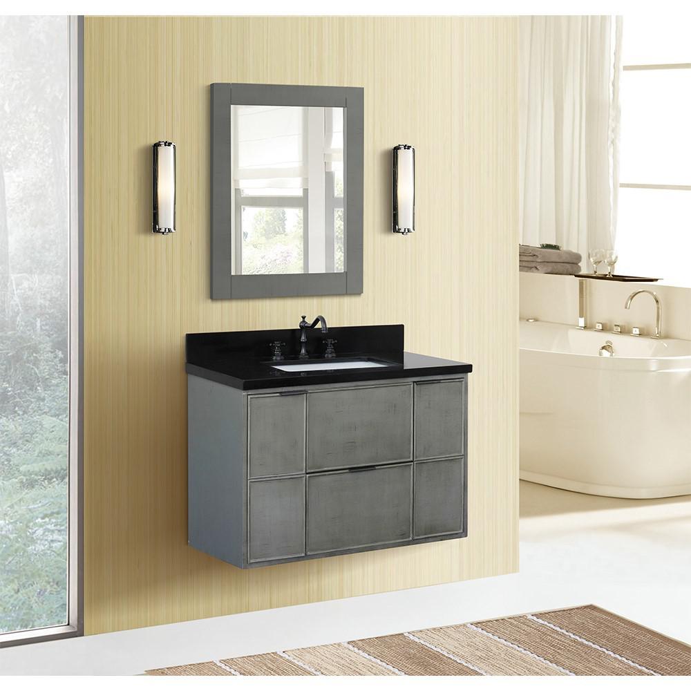 Single wall mount vanity in Linen Gray with Black Galaxy top and rectangle sink. Picture 2
