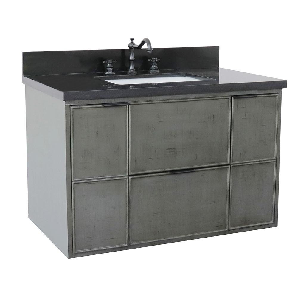 Single wall mount vanity in Linen Gray with Black Galaxy top and rectangle sink. Picture 3