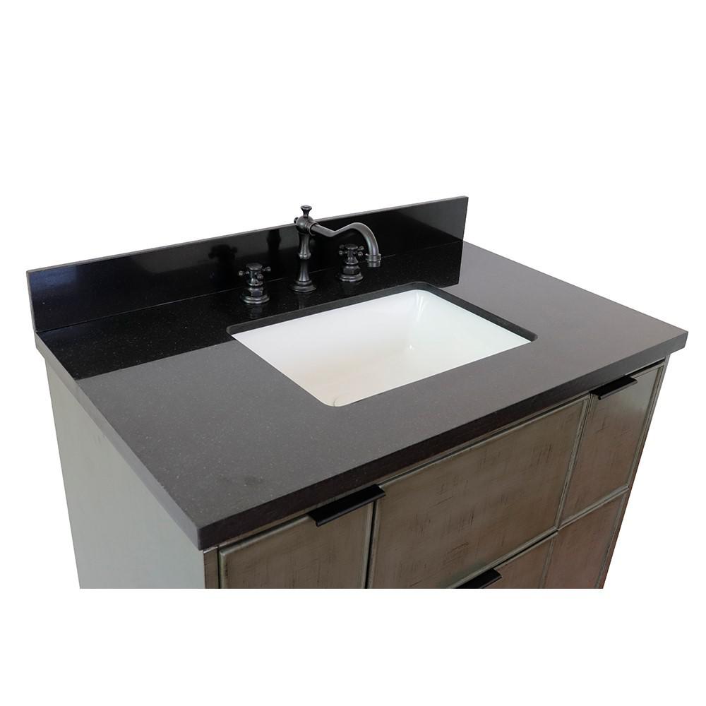 Single wall mount vanity in Linen Gray with Black Galaxy top and rectangle sink. Picture 8