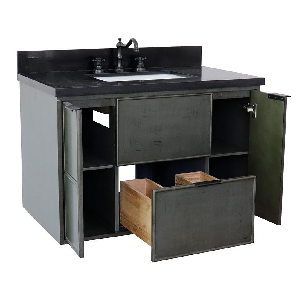 Single wall mount vanity in Linen Gray with Black Galaxy top and rectangle sink. Picture 9