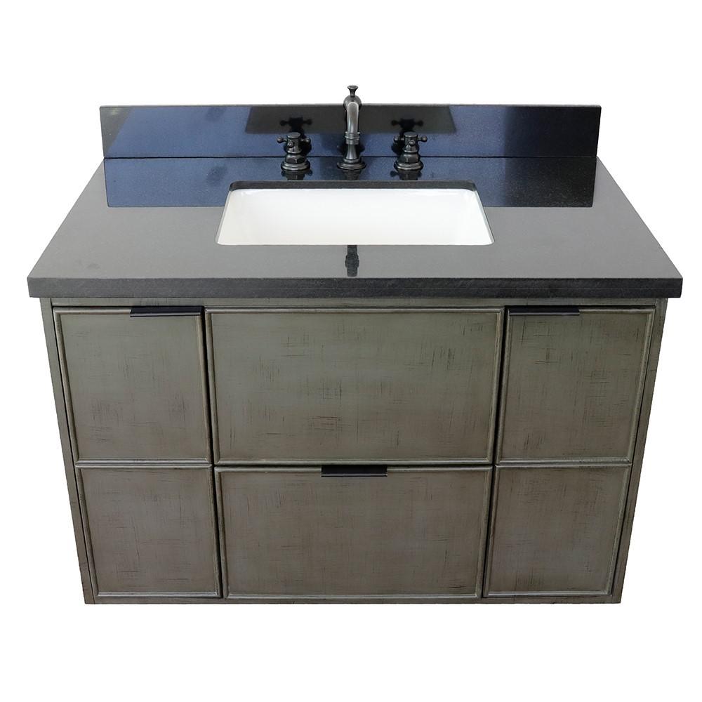 Single wall mount vanity in Linen Gray with Black Galaxy top and rectangle sink. Picture 11