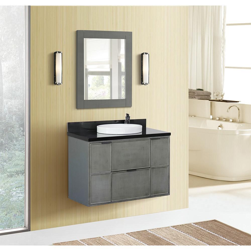 Single wall mount vanity in Linen Gray with Black Galaxy top and rectangle sink. Picture 15