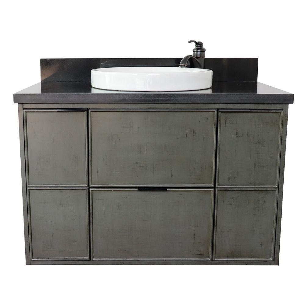 Single wall mount vanity in Linen Gray with Black Galaxy top and rectangle sink. Picture 20