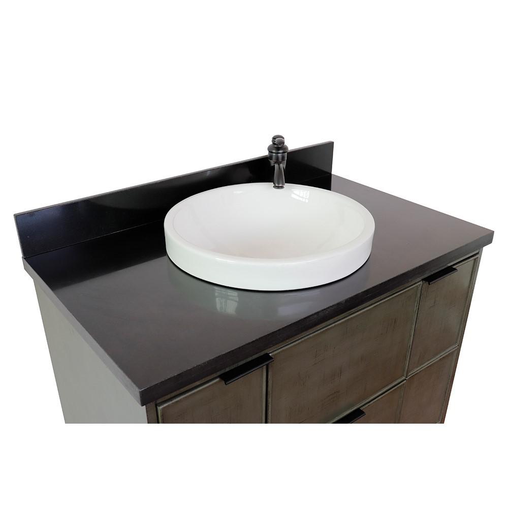 Single wall mount vanity in Linen Gray with Black Galaxy top and rectangle sink. Picture 21