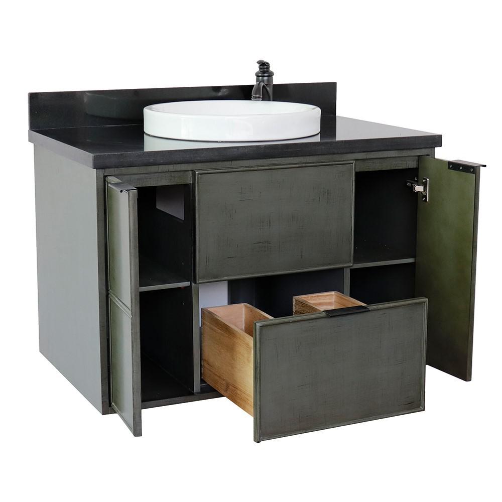 Single wall mount vanity in Linen Gray with Black Galaxy top and rectangle sink. Picture 22