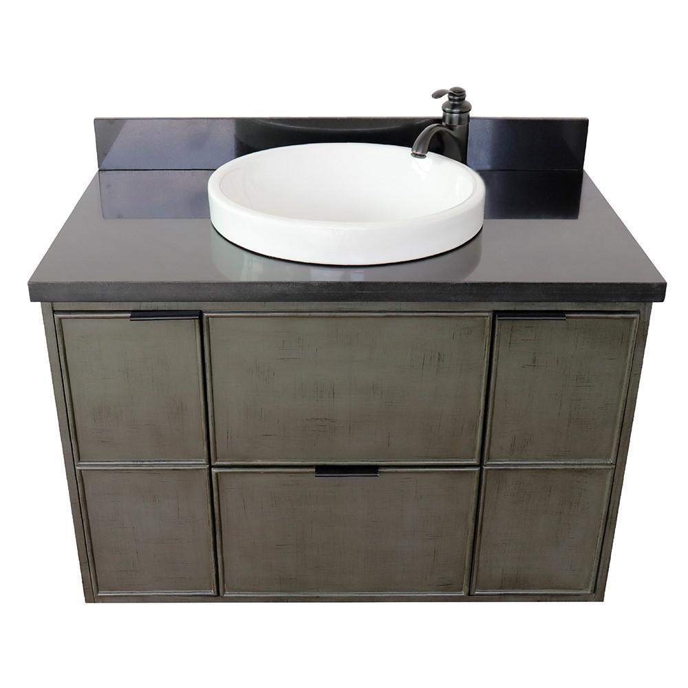 Single wall mount vanity in Linen Gray with Black Galaxy top and rectangle sink. Picture 24