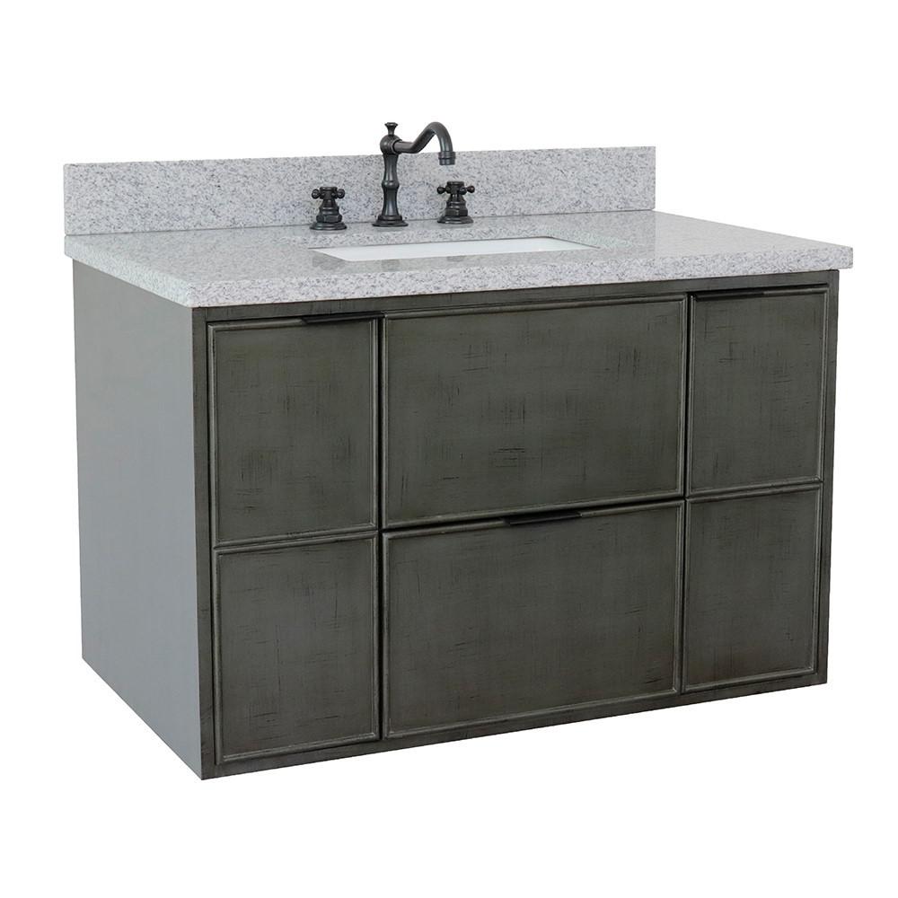Single wall mount vanity in Linen Gray with Gray granite top and rectangle sink. Picture 3