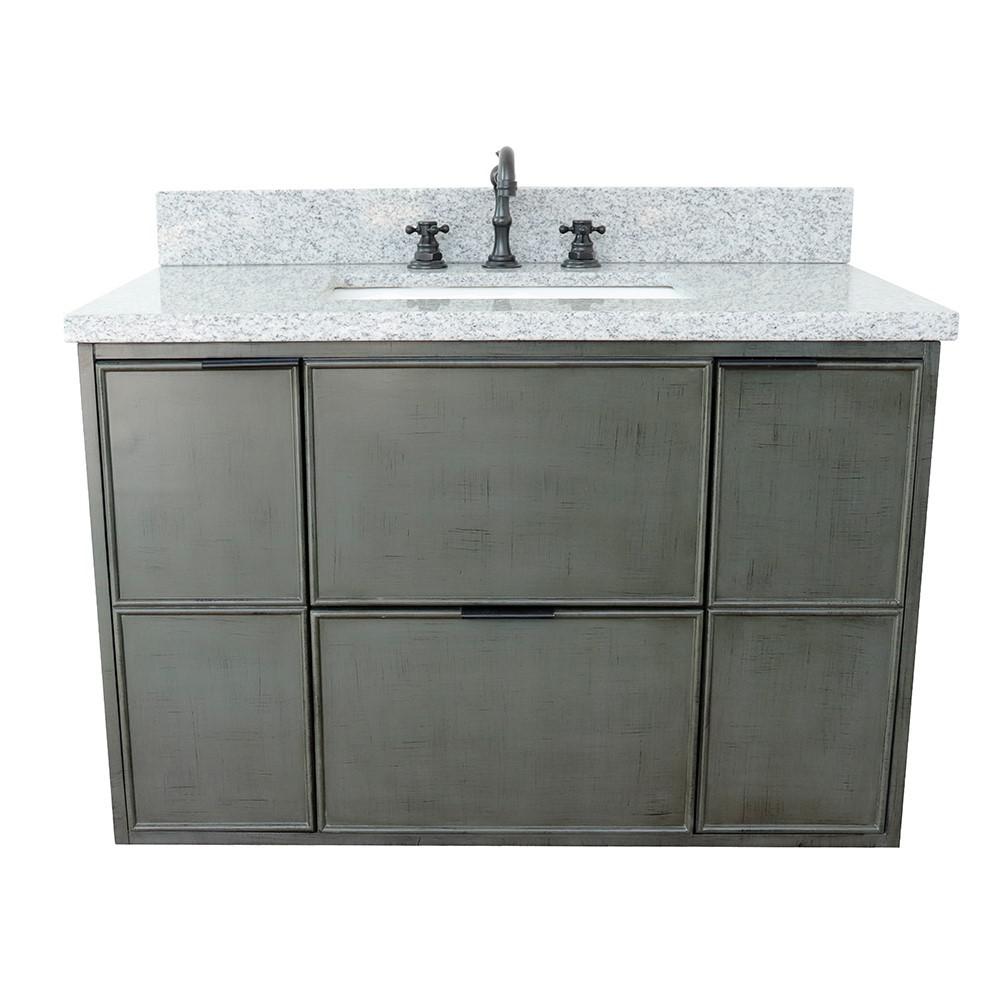 Single wall mount vanity in Linen Gray with Gray granite top and rectangle sink. Picture 7