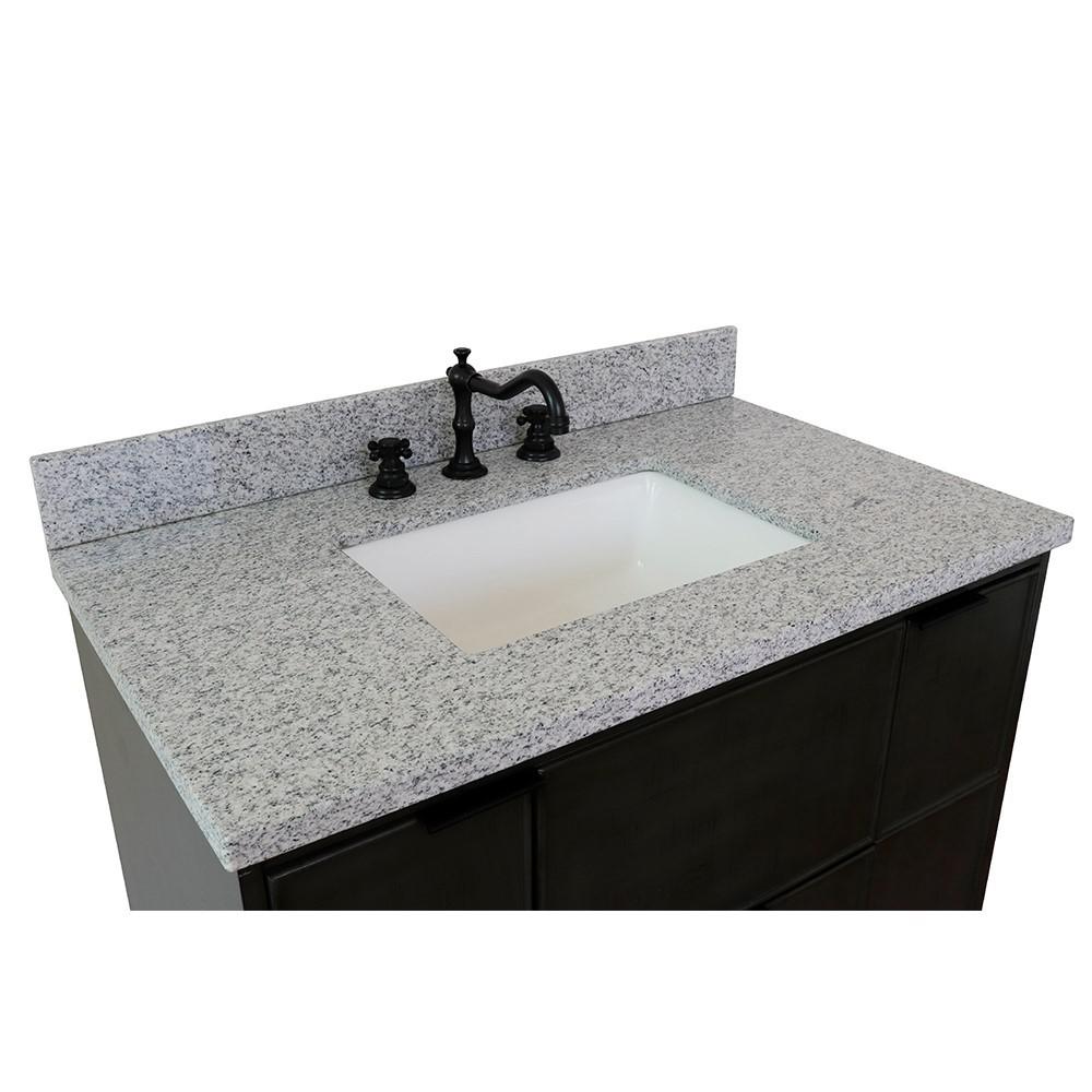 Single wall mount vanity in Linen Gray with Gray granite top and rectangle sink. Picture 8