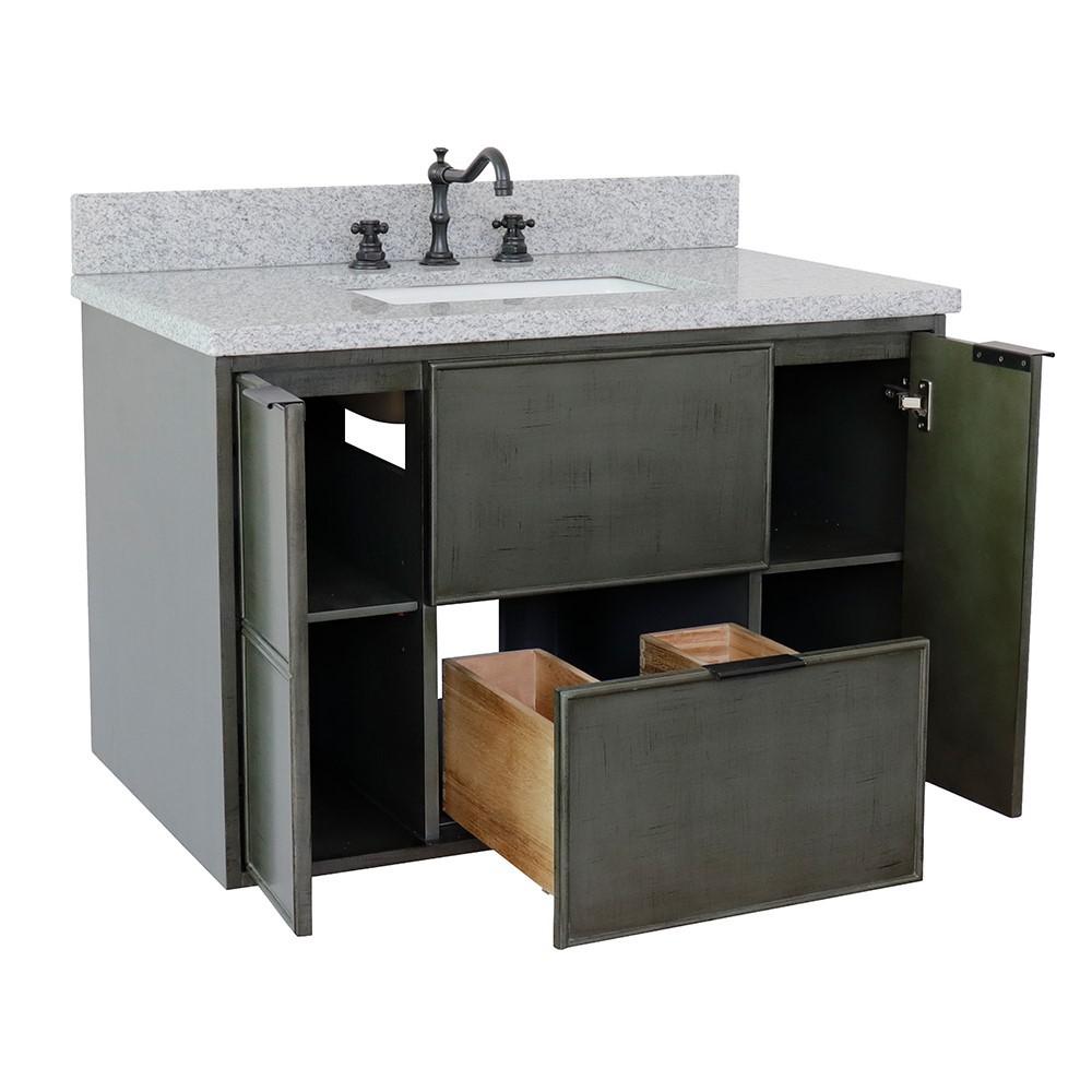 Single wall mount vanity in Linen Gray with Gray granite top and rectangle sink. Picture 9