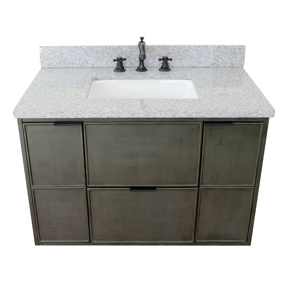 Single wall mount vanity in Linen Gray with Gray granite top and rectangle sink. Picture 11