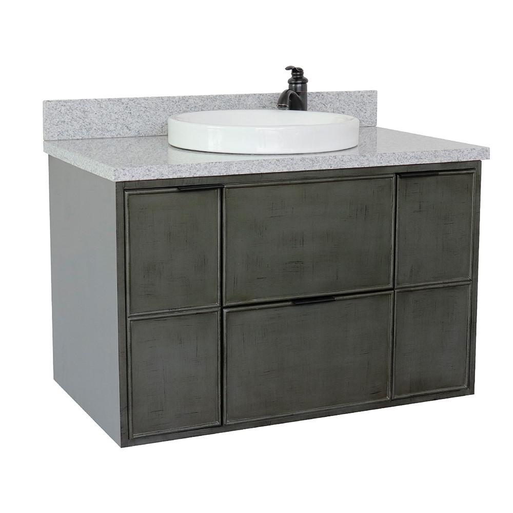 Single wall mount vanity in Linen Gray with Gray granite top and rectangle sink. Picture 16