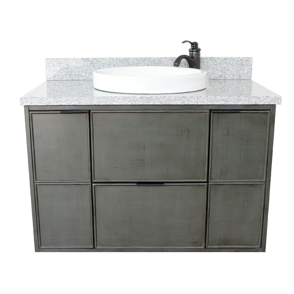 Single wall mount vanity in Linen Gray with Gray granite top and rectangle sink. Picture 20