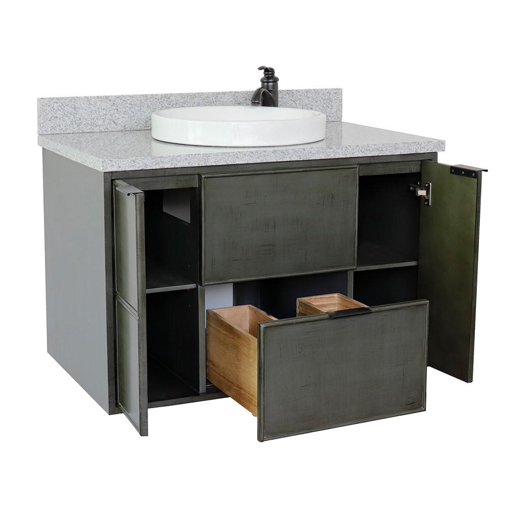Single wall mount vanity in Linen Gray with Gray granite top and rectangle sink. Picture 22