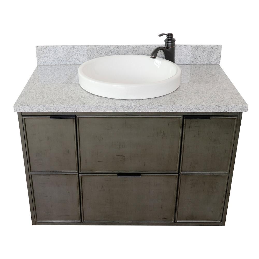 Single wall mount vanity in Linen Gray with Gray granite top and rectangle sink. Picture 24
