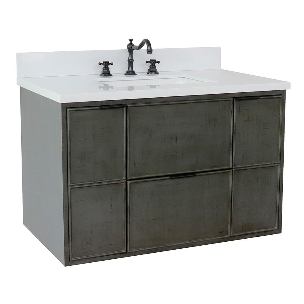 Single wall mount vanity in Linen Gray with White Quartz top and rectangle sink. Picture 3