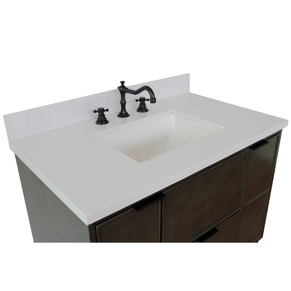 Single wall mount vanity in Linen Gray with White Quartz top and rectangle sink. Picture 8