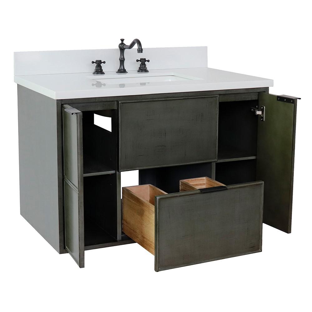Single wall mount vanity in Linen Gray with White Quartz top and rectangle sink. Picture 9