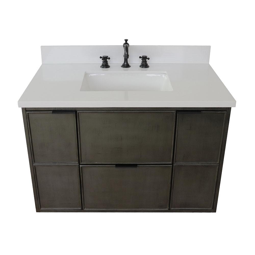 Single wall mount vanity in Linen Gray with White Quartz top and rectangle sink. Picture 11