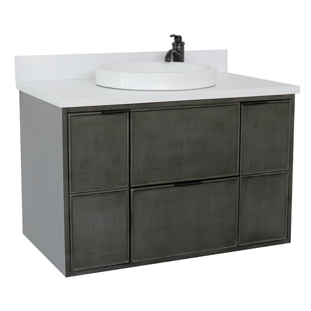 Single wall mount vanity in Linen Gray with White Quartz top and rectangle sink. Picture 16