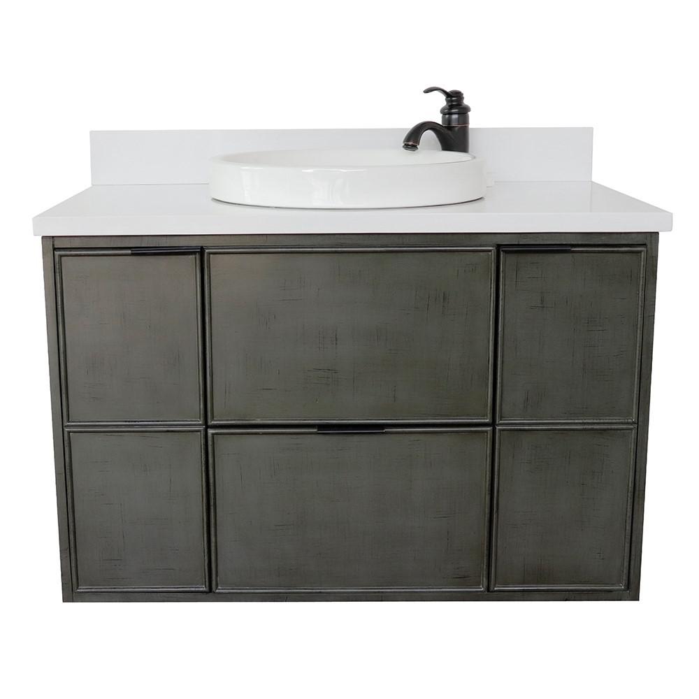 Single wall mount vanity in Linen Gray with White Quartz top and rectangle sink. Picture 20