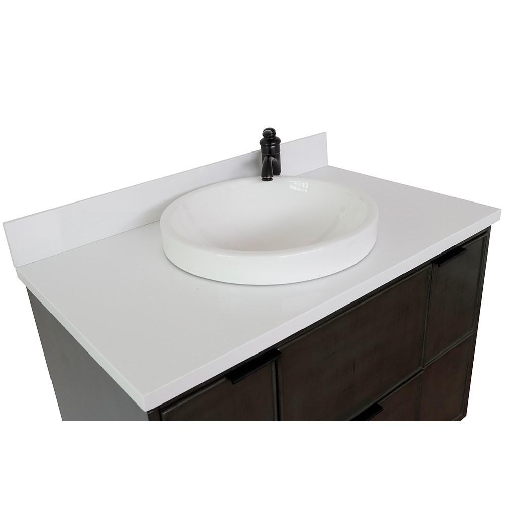 Single wall mount vanity in Linen Gray with White Quartz top and rectangle sink. Picture 21