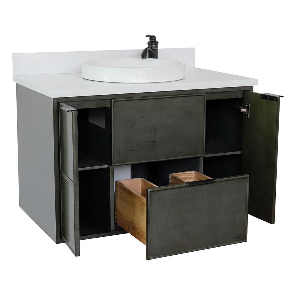 Single wall mount vanity in Linen Gray with White Quartz top and rectangle sink. Picture 22