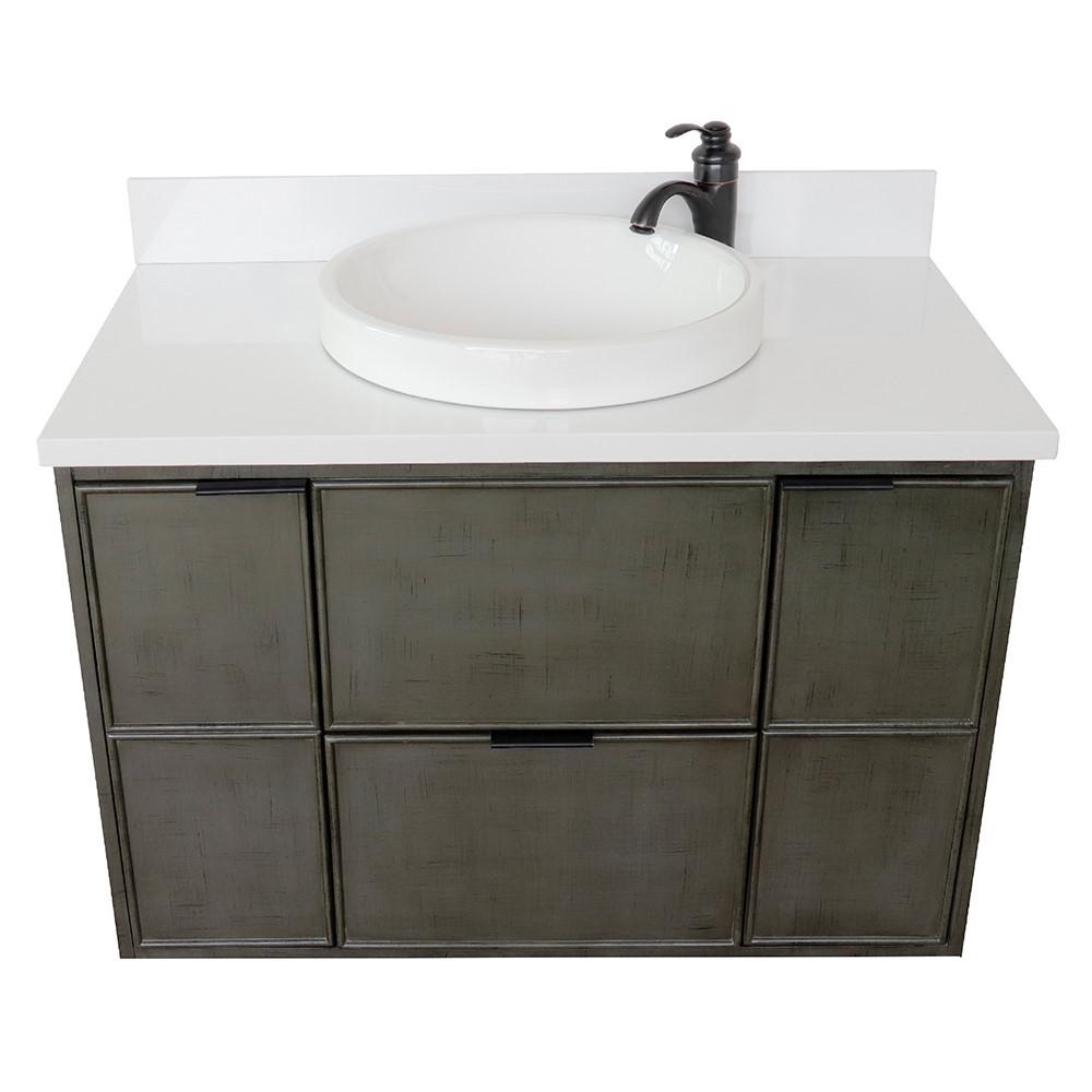 Single wall mount vanity in Linen Gray with White Quartz top and rectangle sink. Picture 24