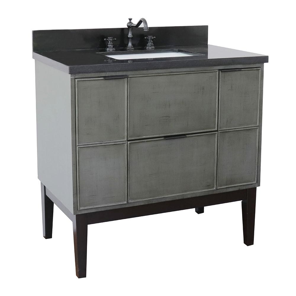 37 Single vanity in Linen Gray finish with Black Galaxy top and rectangle sink. Picture 3