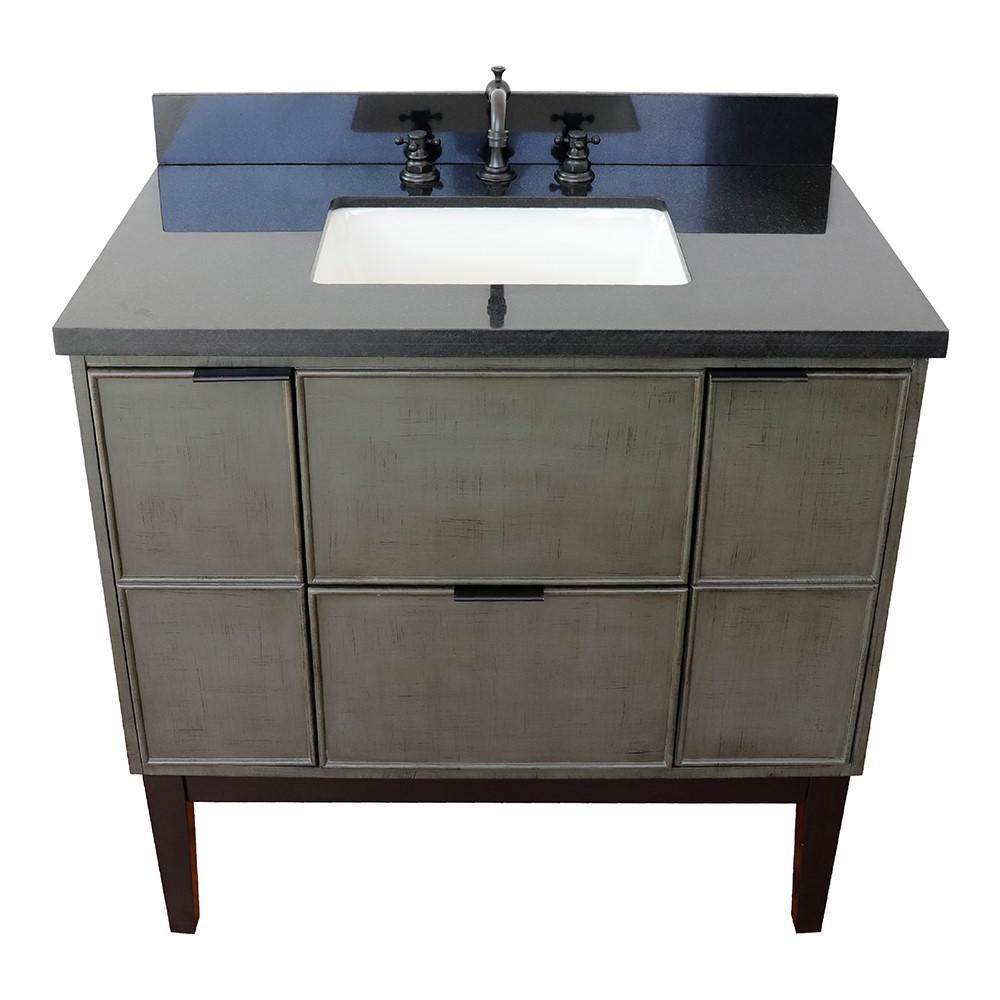 37 Single vanity in Linen Gray finish with Black Galaxy top and rectangle sink. Picture 12