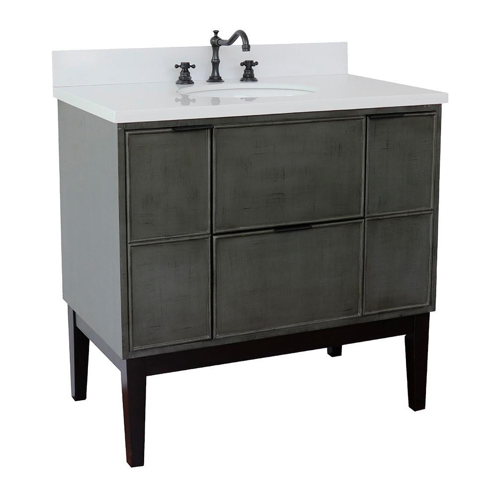 37 Single vanity in Linen Gray finish with White Quartz top and oval sink. Picture 3