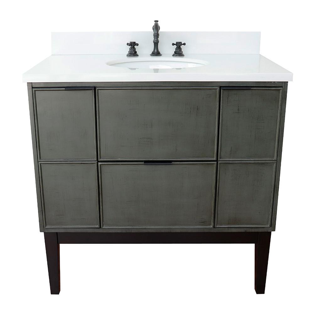 37 Single vanity in Linen Gray finish with White Quartz top and oval sink. Picture 8