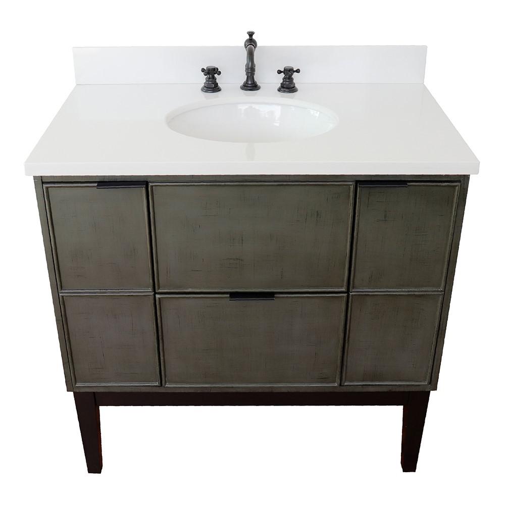 37 Single vanity in Linen Gray finish with White Quartz top and oval sink. Picture 12