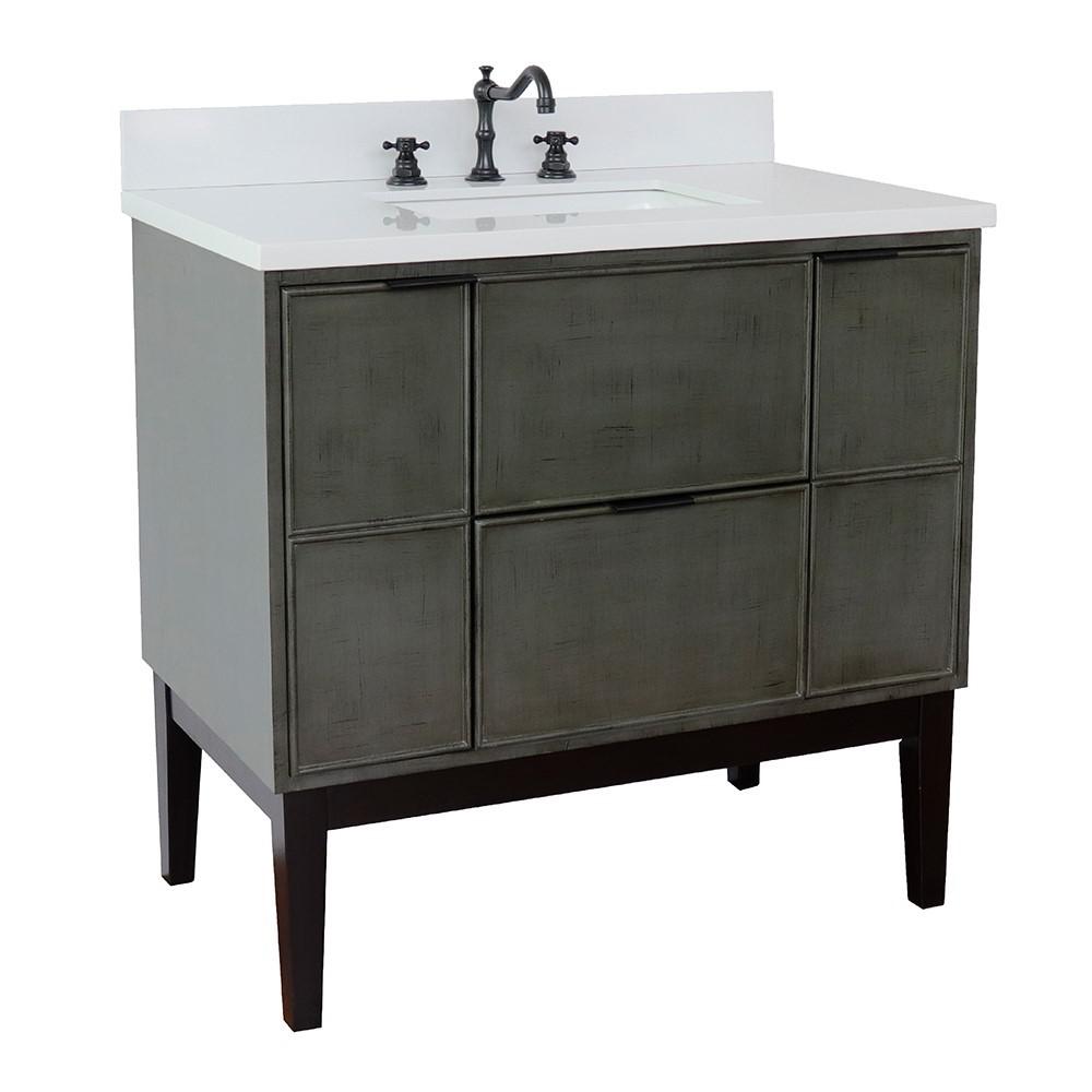 37 Single vanity in Linen Gray finish with White Quartz top and rectangle sink. Picture 3