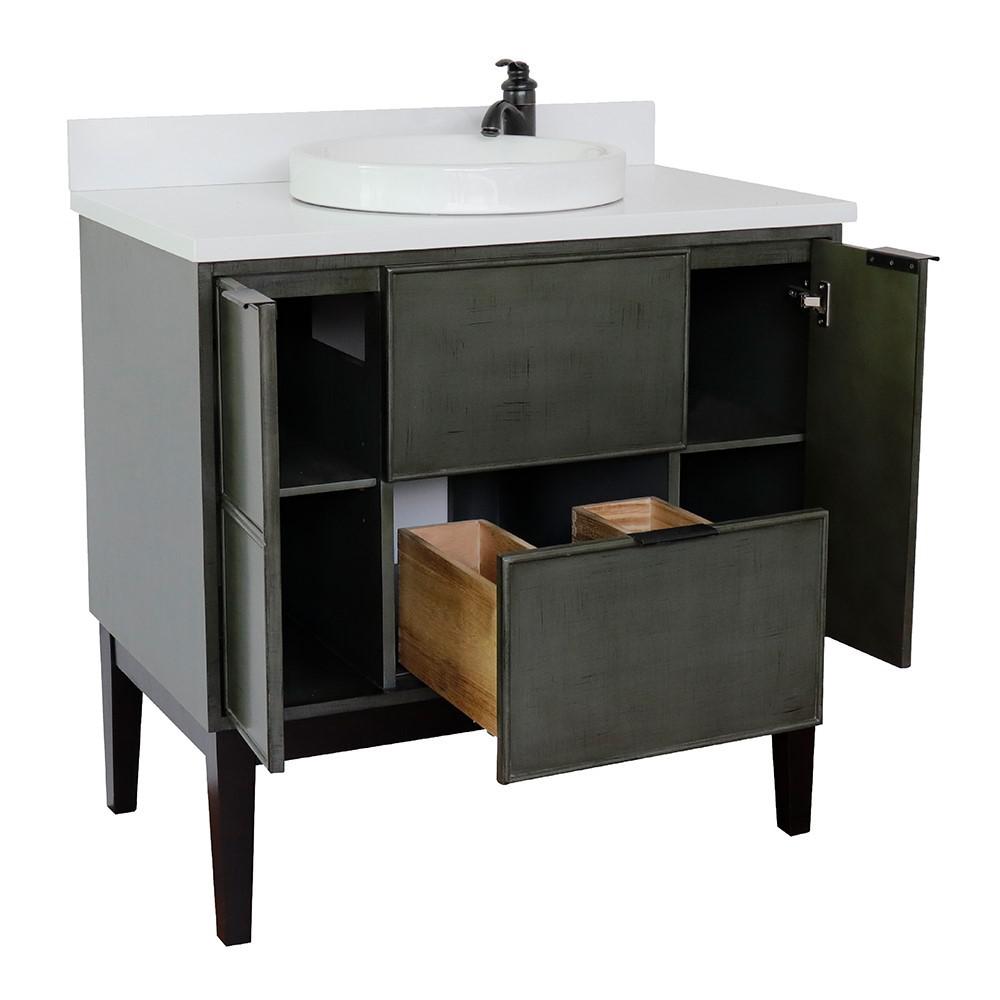 37 Single vanity in Linen Gray finish with White Quartz top and rectangle sink. Picture 24